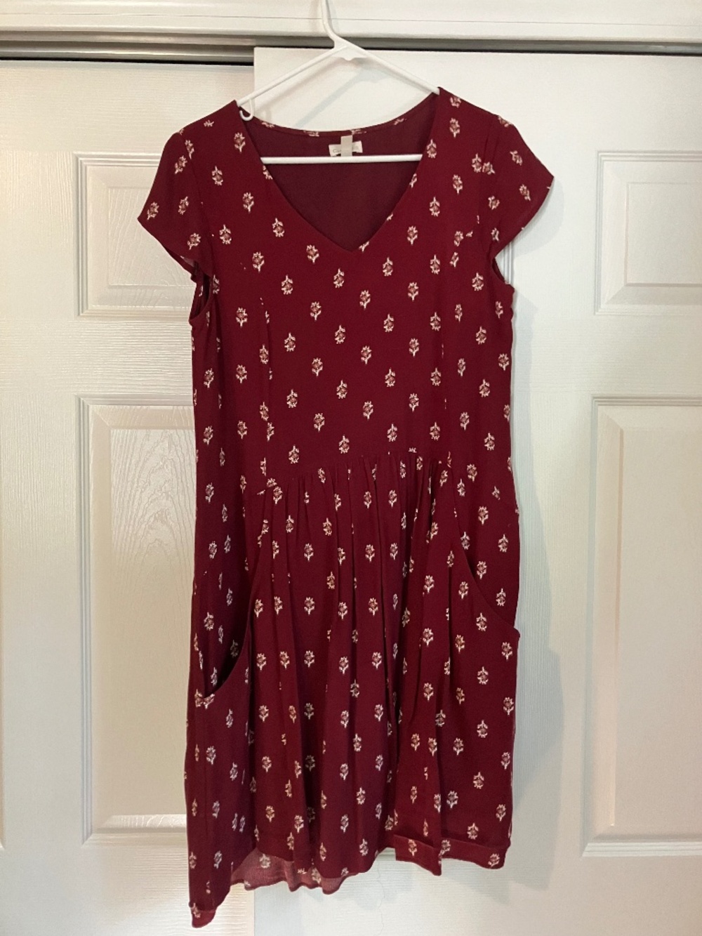 Garnet Hill Midi Boho Burgundy Flower Print V-Neck Dress Pockets Size 4